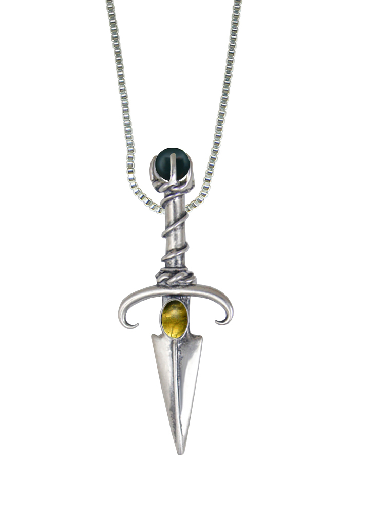 Sterling Silver Black Prince's Knife Dagger Pendant With Citrine And Bloodstone